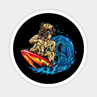 Funny Surfing Pug Riding an Ocean Wave Dog Surfboard Magnet